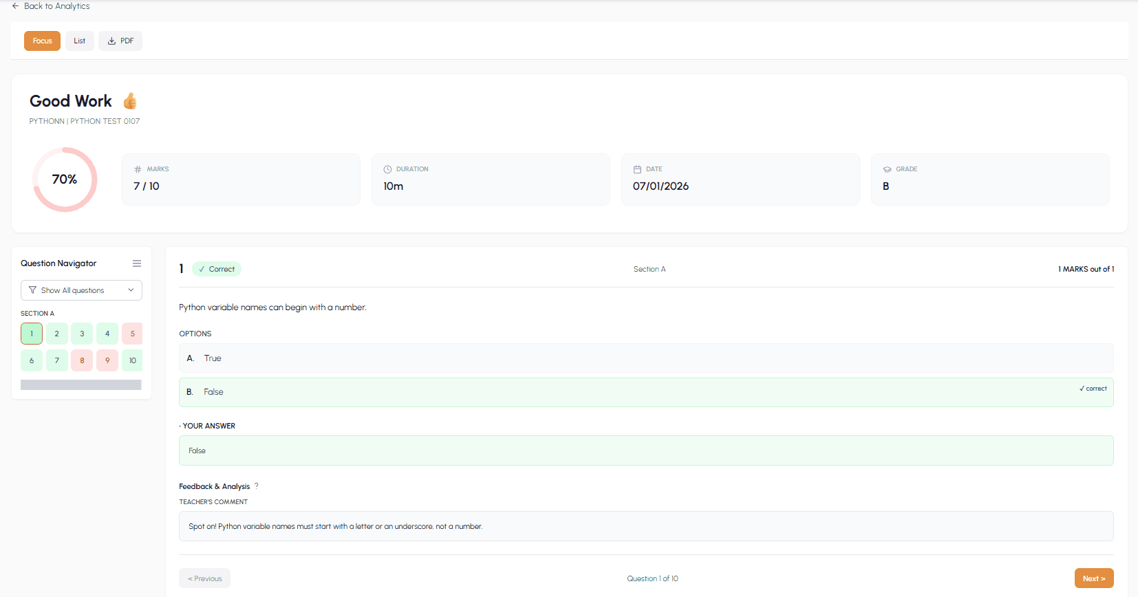 An auto marked exam review in VIDANTE AI showing the score, per question correctness, and written feedback for the student